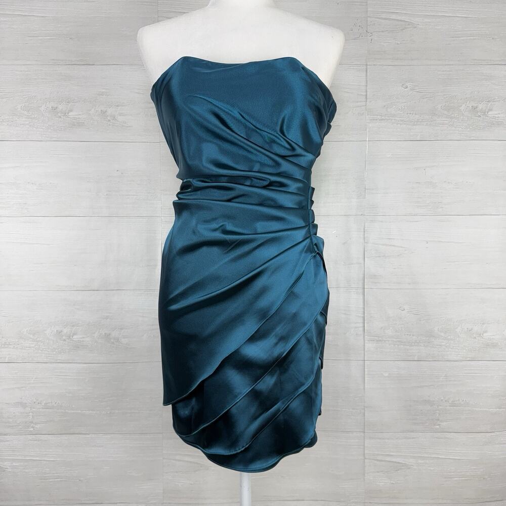 Xscape Strapless Mini Dress Size 4 Teal Satin Drape Wrap Cocktail Homecoming - Picture 2 of 16